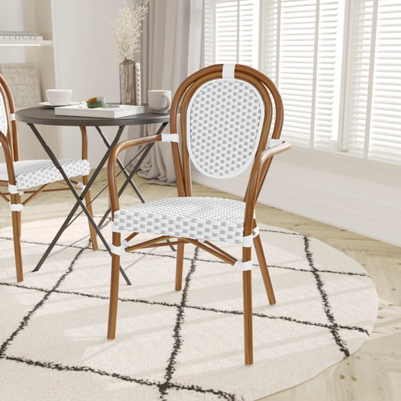 Emma + Oliver Indoor/Outdoor Stacking Thonet Bistro Style Chair with Arms, White & Gray PE Rattan Seat and Natural Bamboo Finished Metal Frame