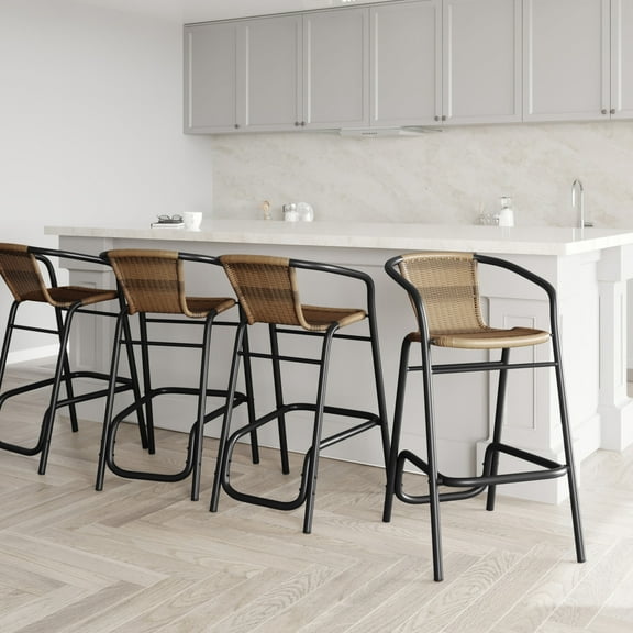 Emma + Oliver Indoor/Outdoor Stacking Thonet Bistro Style Chair with Black Textilene Seat and Natural Bamboo Finished Metal Frame