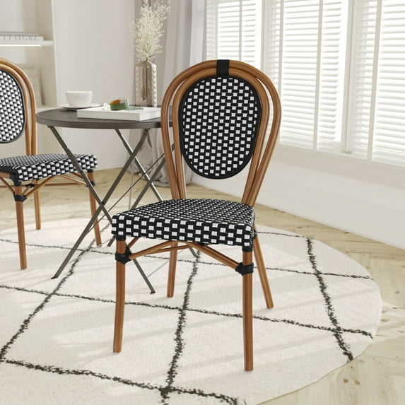 Emma + Oliver Indoor/Outdoor Stacking Thonet Bistro Style Chair with Black & White PE Rattan Seat and Natural Bamboo Finished Metal Frame