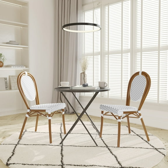 Emma + Oliver Indoor/Outdoor Stacking Thonet Bistro Style Chair with Natural PE Cane Rattan Seat and White Finished Metal Frame