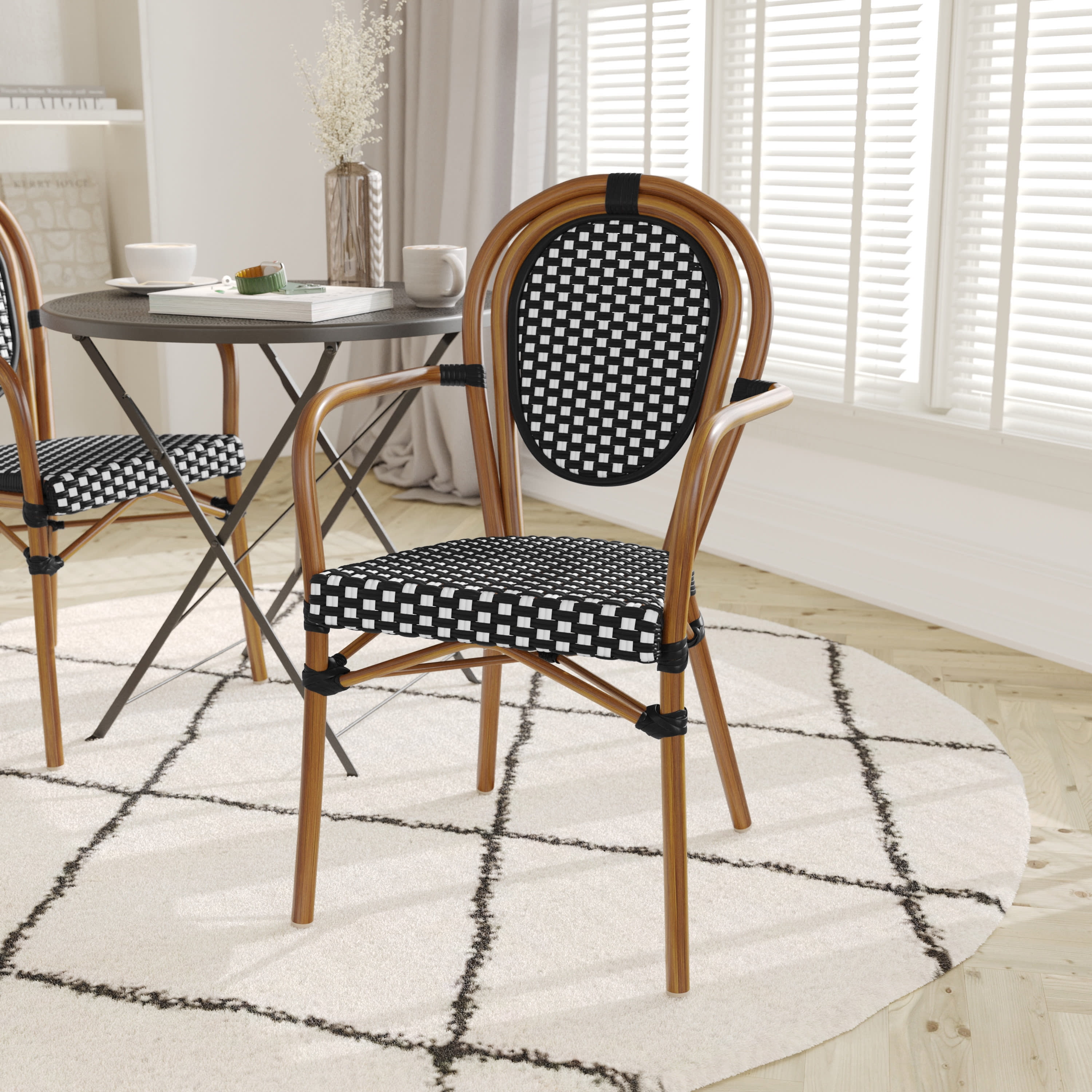 Black and White PE Rattan Bistro Dining Chair with Natural Bamboo Frame