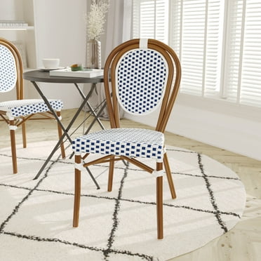 Emma + Oliver Indoor/Outdoor Stacking Thonet Bistro Style Chair with White & Navy PE Rattan Seat and Natural Bamboo Finished Metal Frame