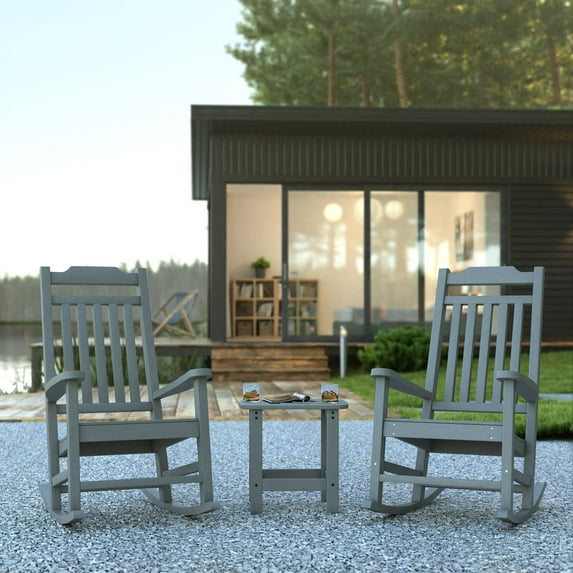 Emma + Oliver Indoor and Outdoor Poly Resin Rocking Chairs with Side Table, Gray (2 Pieces)
