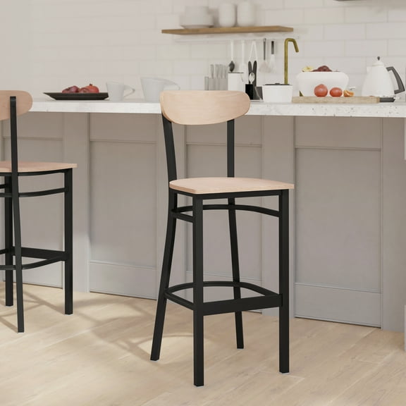 Emma + Oliver Industrial Barstool with Black Rolled Steel Frame and Solid Wood Seat in Natural Birch Finish - 500 lbs. Static Weight Capacity