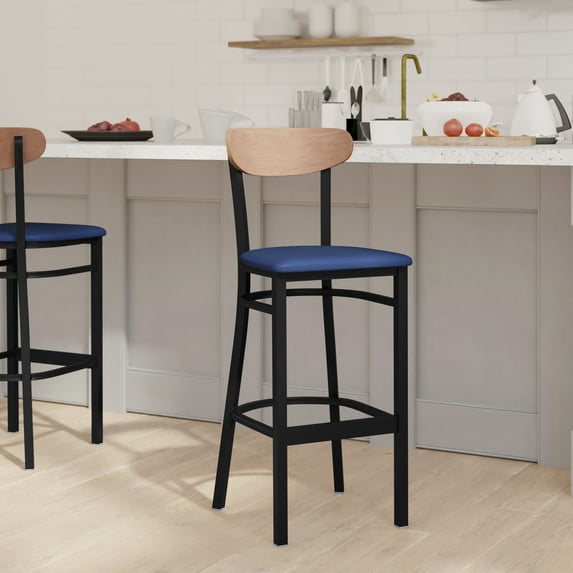 Emma + Oliver Industrial Barstool with Black Steel Frame, Blue Padded Vinyl Seat and Natural Birch Finished Wood Backrest