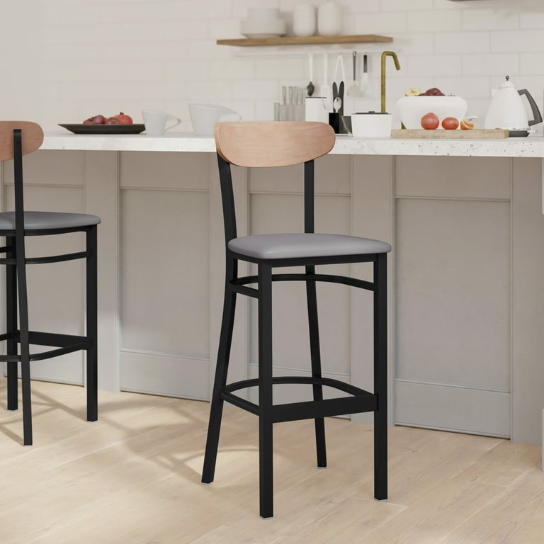Emma Oliver Industrial Barstool with Black Steel Frame Gray Padded Vinyl Seat and Natural Birch Finished Wood Backrest Walmart
