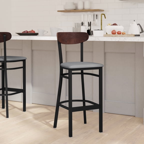 Emma + Oliver Industrial Barstool with Black Steel Frame, Gray Padded Vinyl Seat and Walnut Finished Wood Backrest