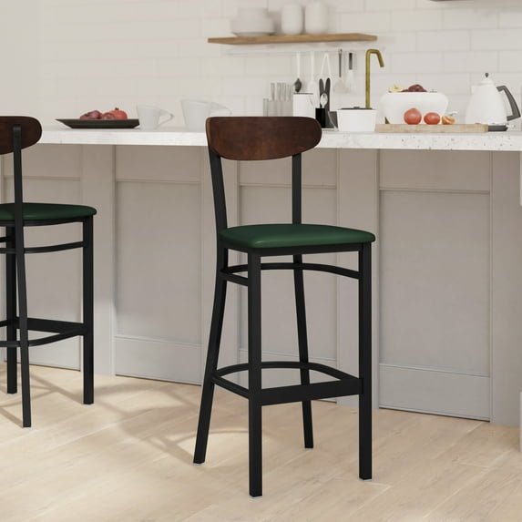 Emma + Oliver Industrial Barstool with Black Steel Frame, Green Padded Vinyl Seat and Walnut Finished Wood Backrest