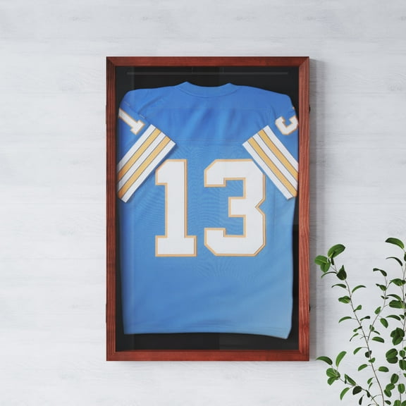 Emma + Oliver Jersey Display Case, 24x36, Hanger Display, Solid Pine Wood, UV Treated Window, Mahogany Finish