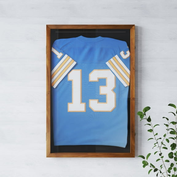 Emma + Oliver Jersey Display Case, 24x36, Hanger Display, Solid Pine Wood, UV Treated Window, Rustic Brown Finish