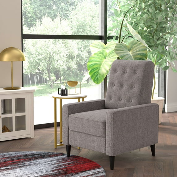 Emma + Oliver Jules Mid-Century Modern Button Tufted Fabric Upholstered Easy Pushback Recliner in Gray with Wooden Legs