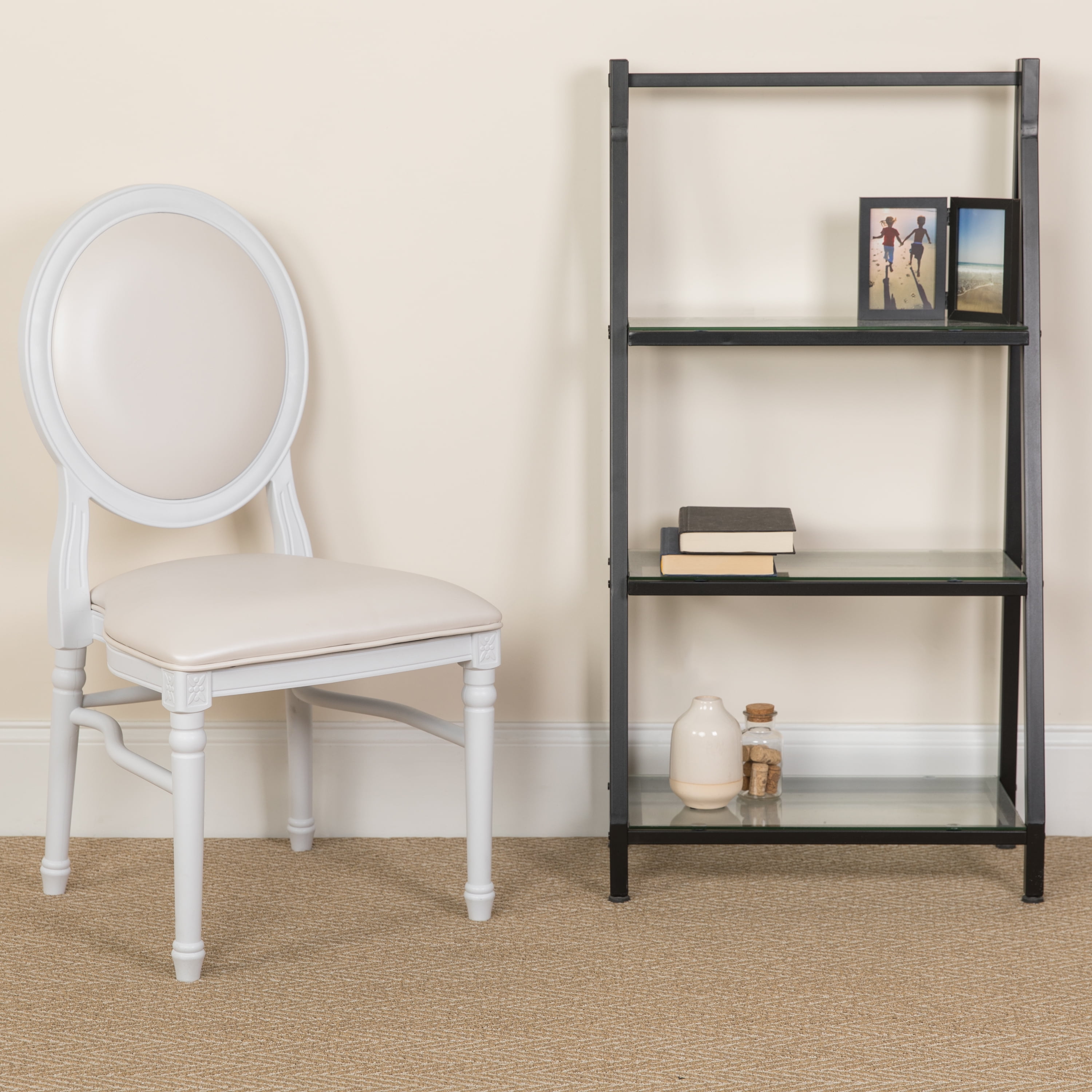 White Vinyl Upholstered Side Chair with Round Back and Resin Frame