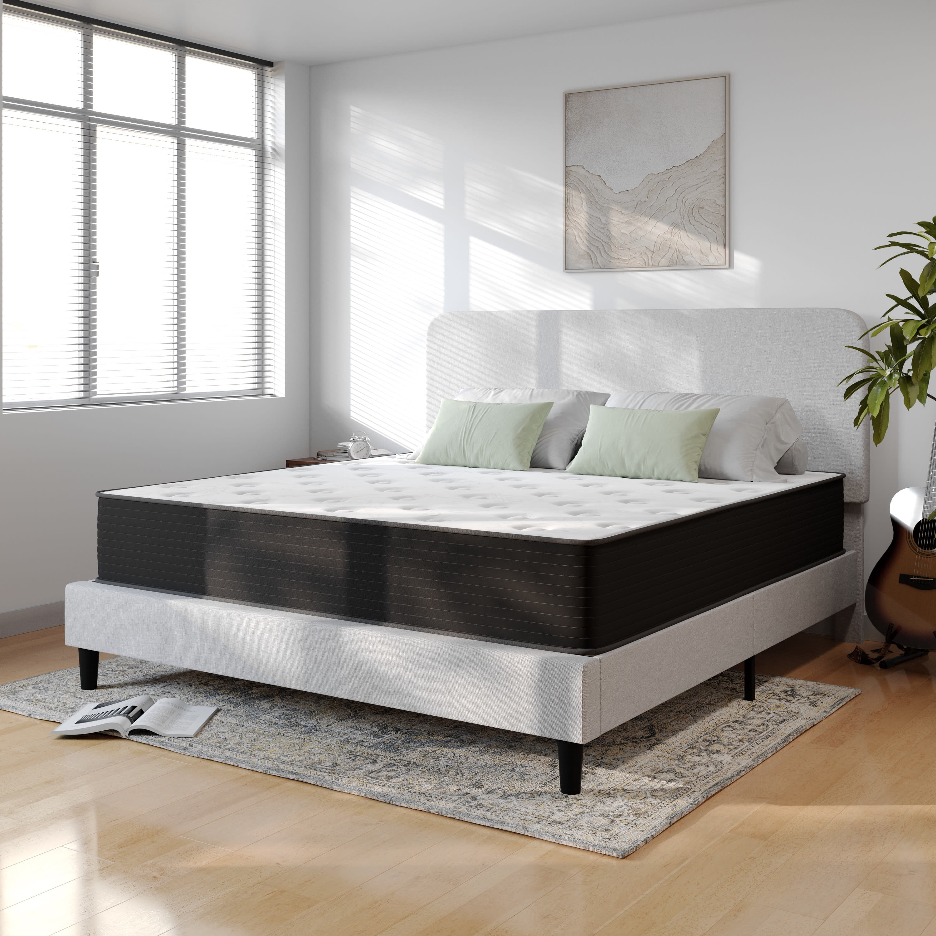 Emma + Oliver King Size 12 Inch Hybrid Mattress, High Density Cooling Foam and Pocket Spring Mattress in a Box, CertiPur-US Certified Foam, White/Black