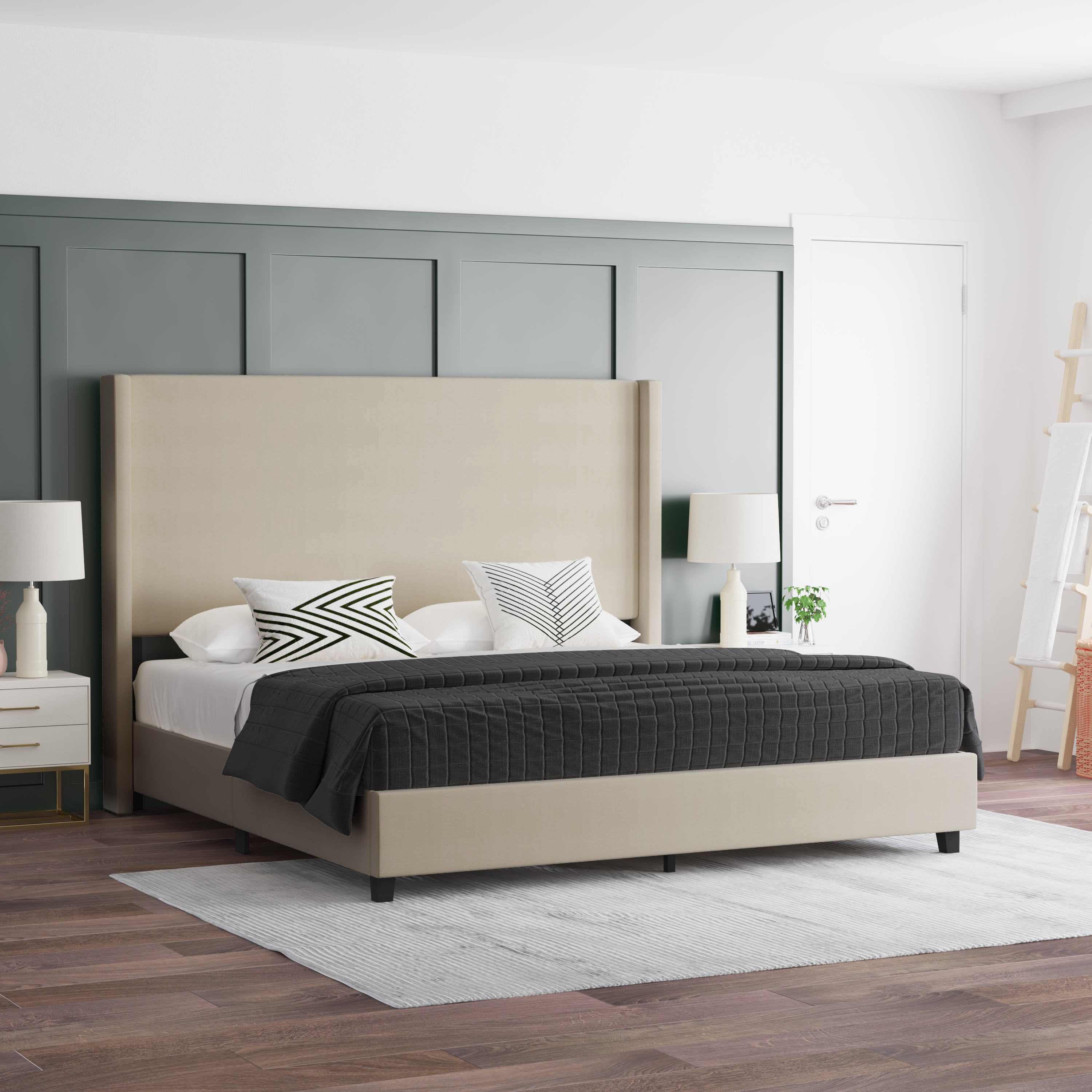 Emma + Oliver King Bed with Faux Linen Upholstery, Padded