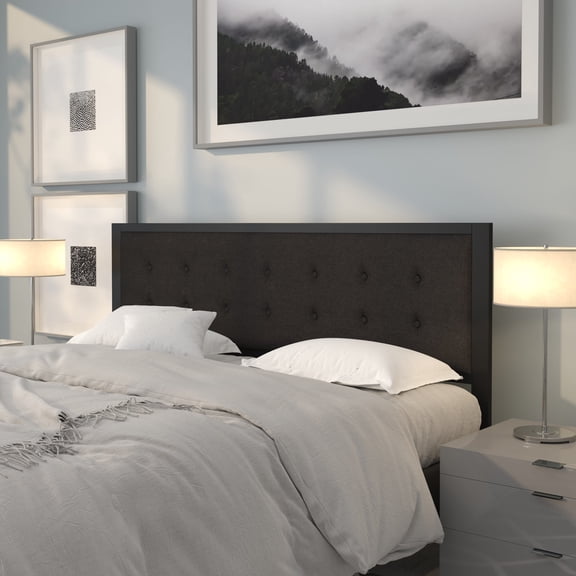 Emma + Oliver King Size Upholstered Metal Panel Headboard in Tufted Black Fabric