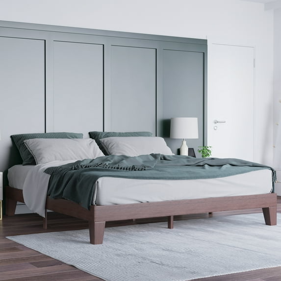 Emma + Oliver King Sized Wooden Platform Bed with Walnut Finish and Wooden Support Slats; No Box Spring or Foundation Required