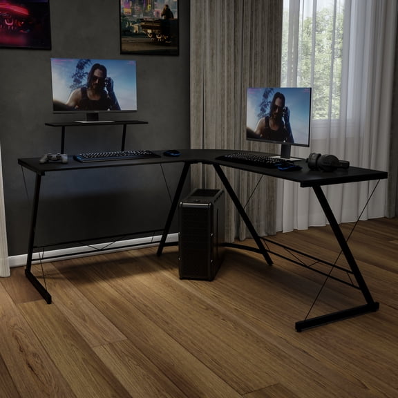 Emma + Oliver L-Shaped Computer Black Desk, Gaming Desk, Home Office Desk, Black Frame