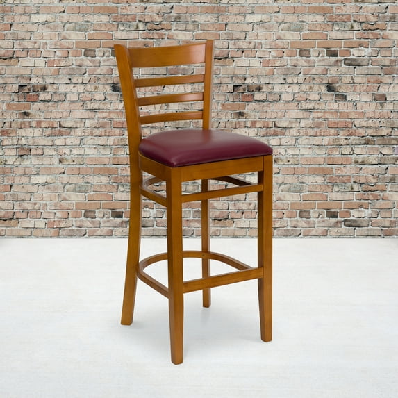 Emma + Oliver Ladder Back Cherry Wood Barstool, Burgundy Vinyl Seat