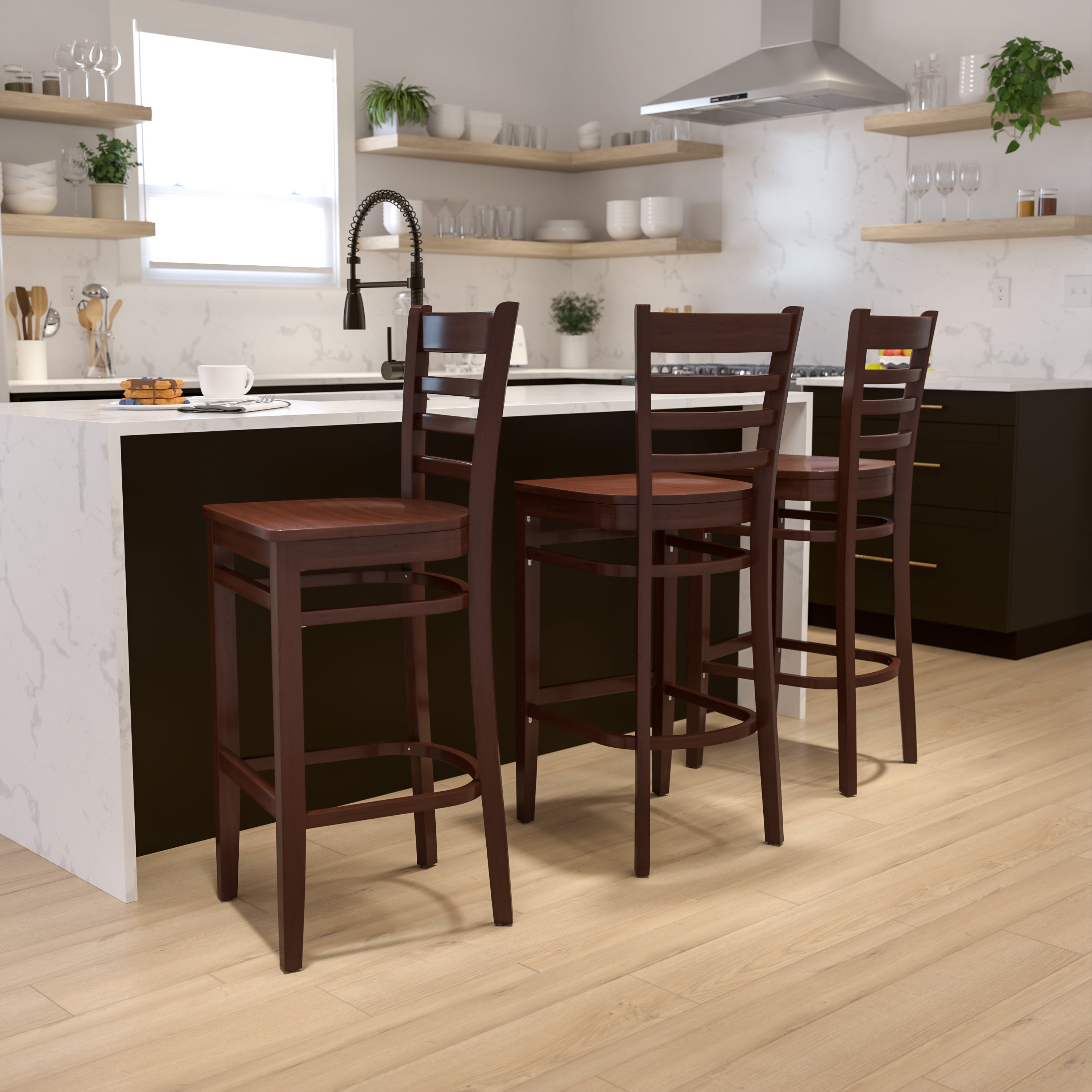 Mahogany Wood Ladder Back Barstool with Footrest