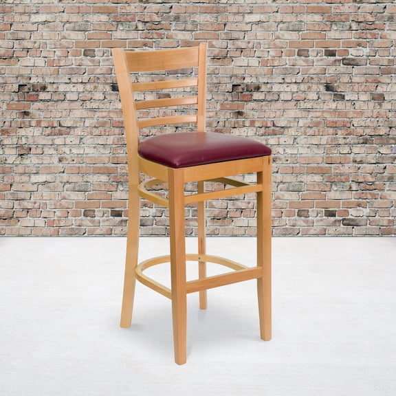 Emma + Oliver Ladder Back Natural Wood Barstool, Burgundy Vinyl Seat