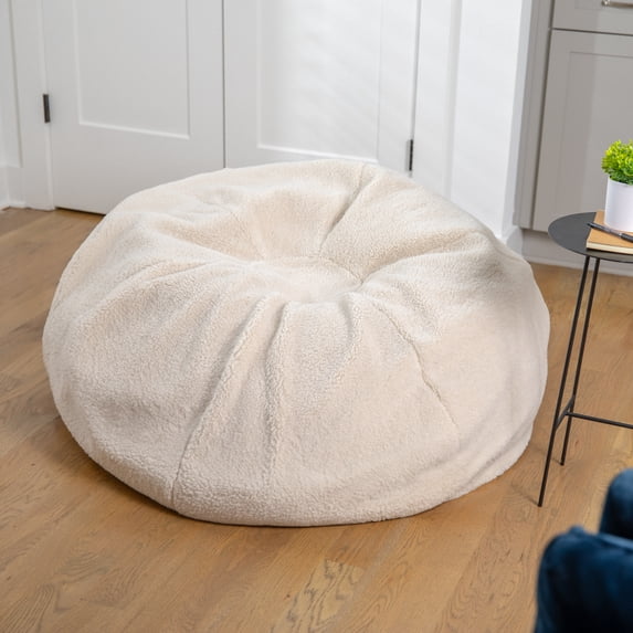 Emma + Oliver Large Natural Faux Sherpa Refillable Bean Bag Chair for Kids and Teens