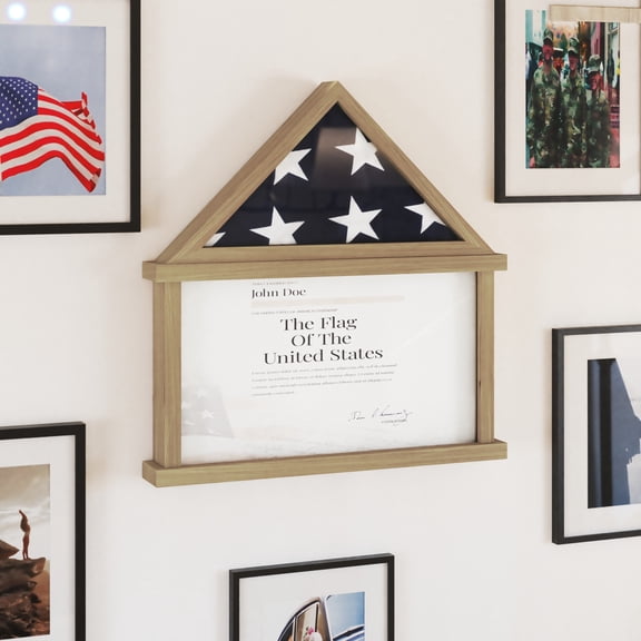 Emma + Oliver Large Weathered Finished Solid Wood Memorial Flag Case with Certificate Holder and Shadow Box Display for 9'x5' Flag