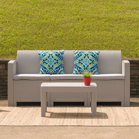 Emma + Oliver Light Gray Faux Rattan Sofa with Light Gray Cushions