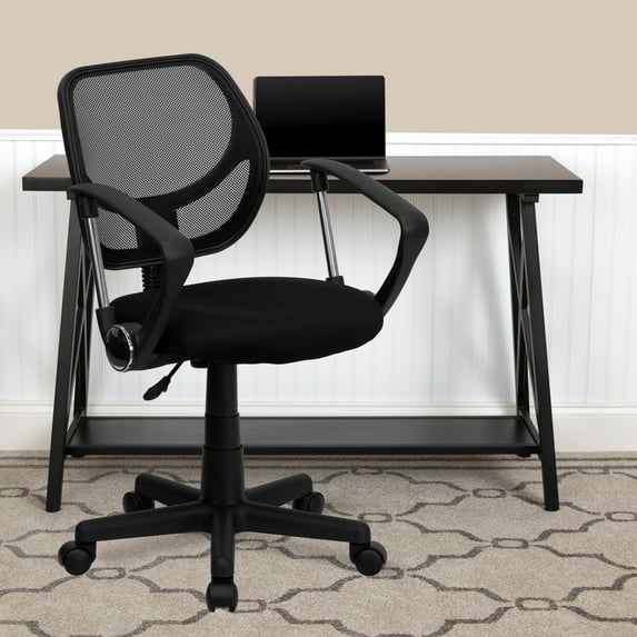 Emma + Oliver Low Back Black Mesh Swivel Curved Square Back Task Office Chair, Arms