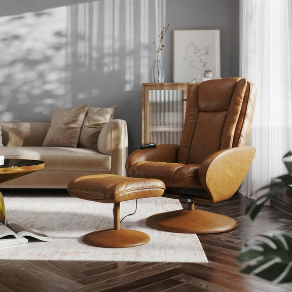 Emma + Oliver Massaging Multi-Position Plush Recliner with Side Pocket and Ottoman in Brown Faux Leather