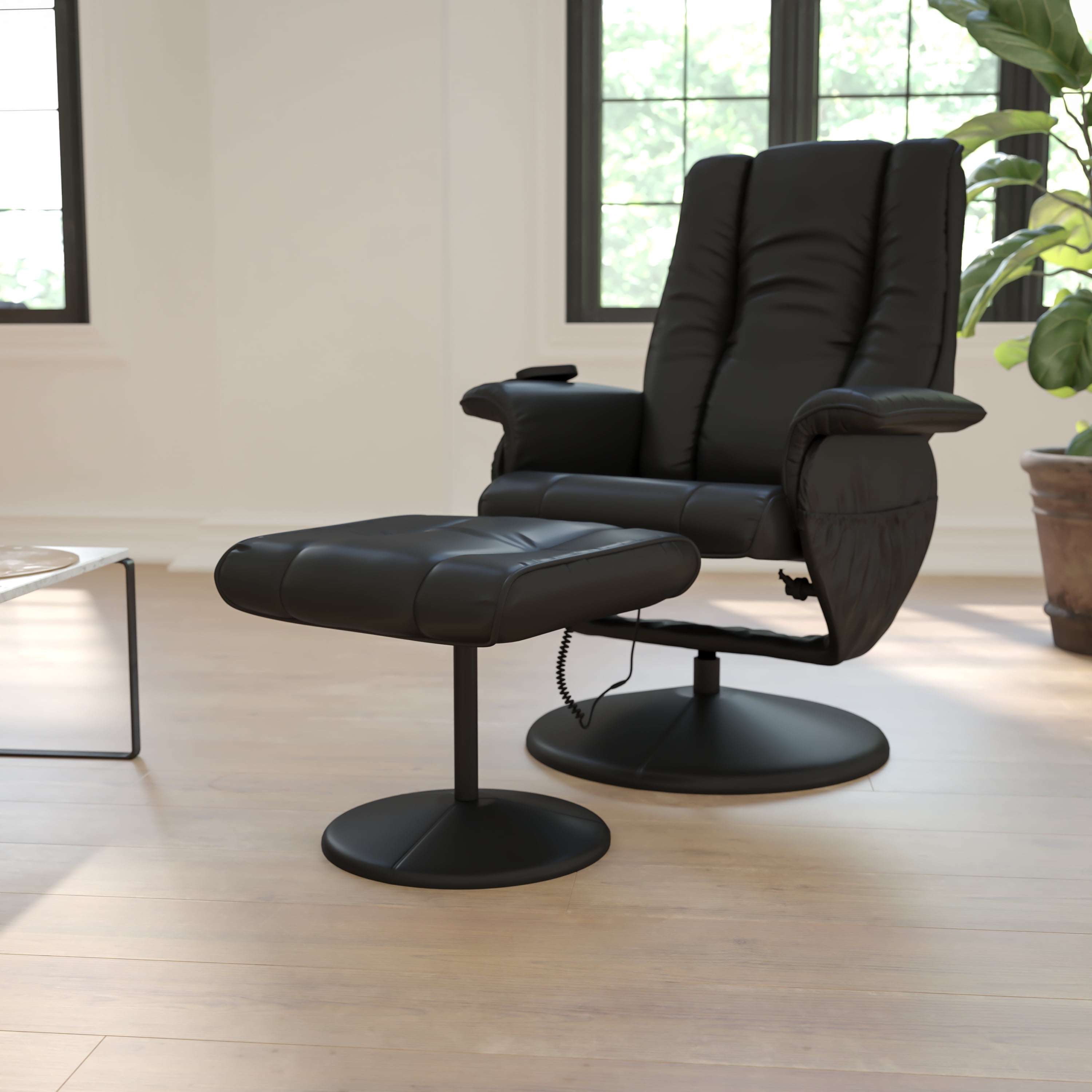 Emma Oliver Black LeatherSoft Swivel Recliner Ottoman Set with Heat and Massage Control Walmart