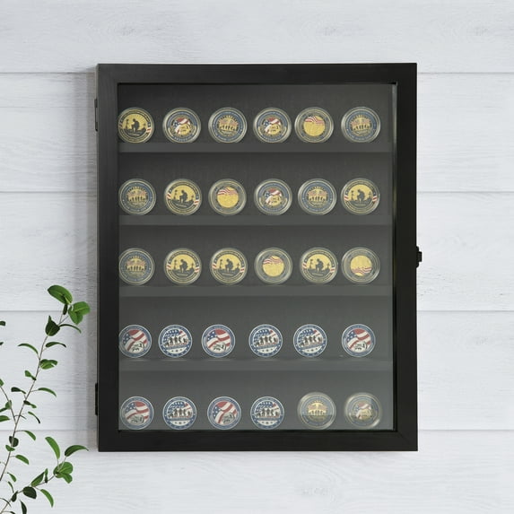 Emma + Oliver Medals Display Case, 14.4x17.7, Removable Shelves, Pin Back, Solid Pine Wood, Black Finish