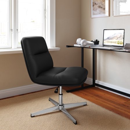 Emma + Oliver Mid-Back Armless Stationary Swivel Office Chair with Black Padded Faux Leather Back/Seat, Adjustable Height, and Sturdy Chrome Frame