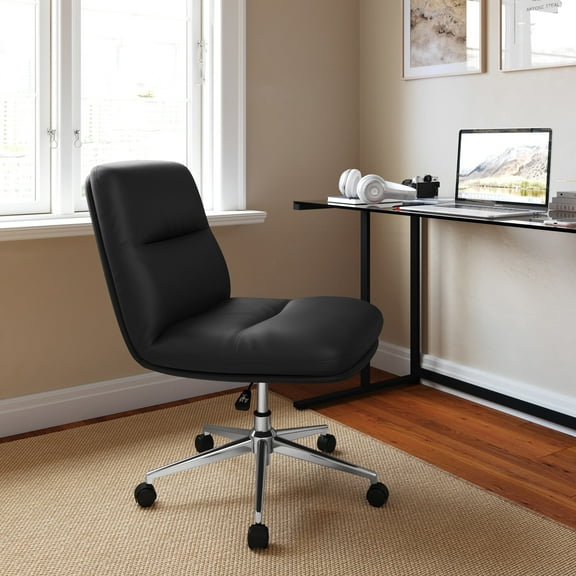 Emma + Oliver Mid-Back Armless Swivel Office Chair with Wheels, Black Padded Faux Leather Back/Seat, Adjustable Height, and Sturdy Chrome Frame