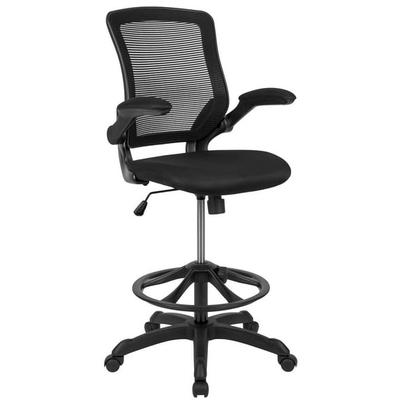 Emma + Oliver Mid-Back Black Mesh Ergonomic Drafting Chair with Foot Ring and Flip-Up Arms