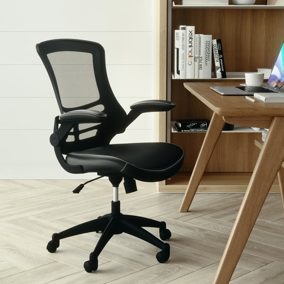 Emma + Oliver Mid-Back Black Mesh Swivel Ergonomic Task Office Chair with LeatherSoft Seat & Arms