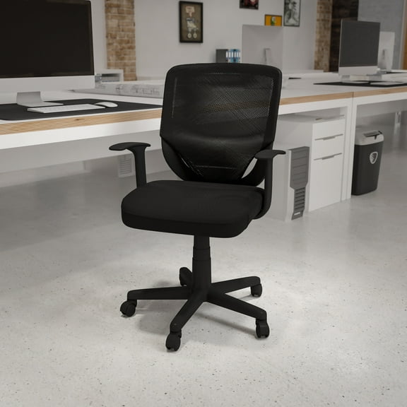 Emma + Oliver Mid-Back Black Mesh Tapered Back Swivel Task Office Chair with T-Arms