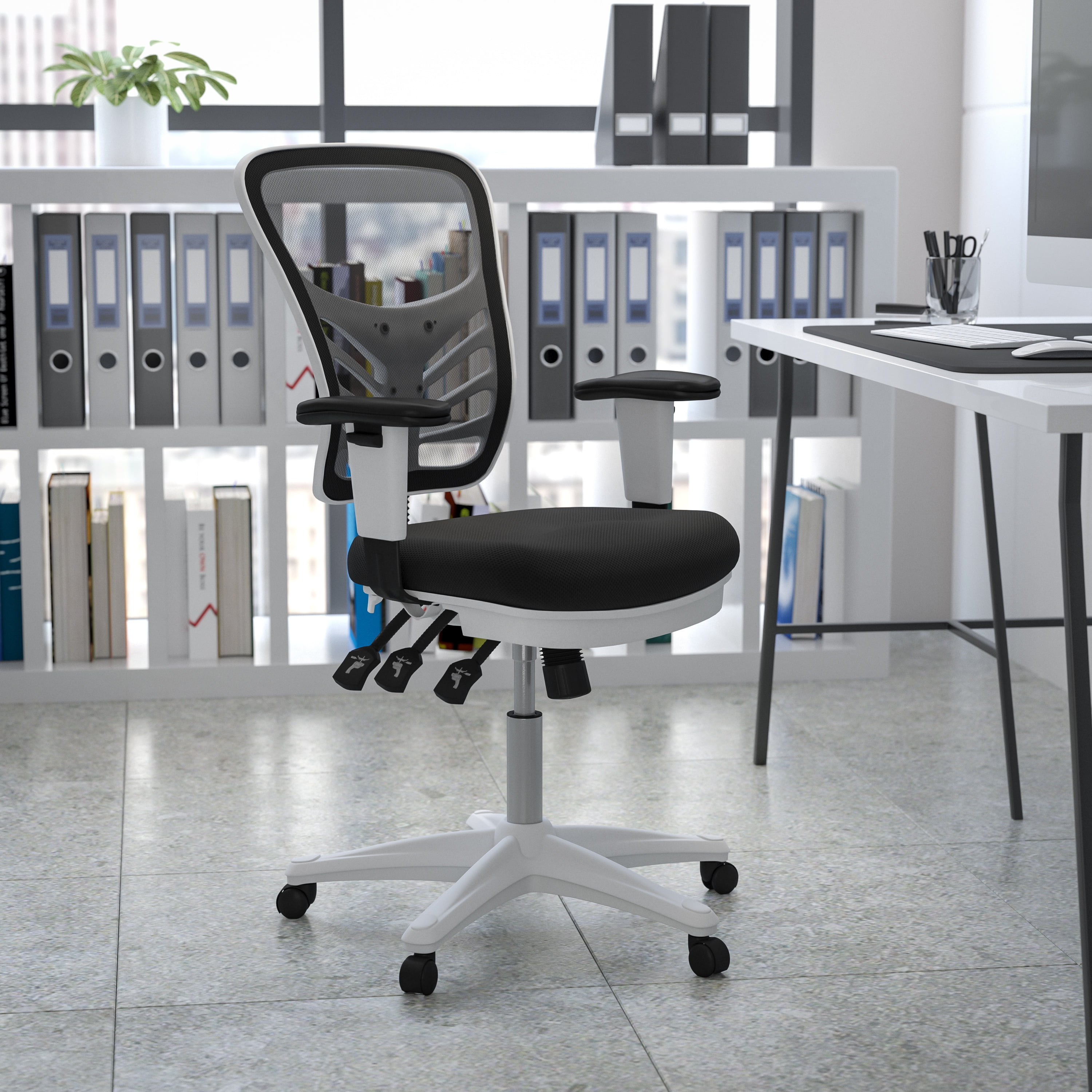 Emma + Oliver Mid-Back Black Mesh/White FrameMultifunction Ergonomic Office Chair with Arms