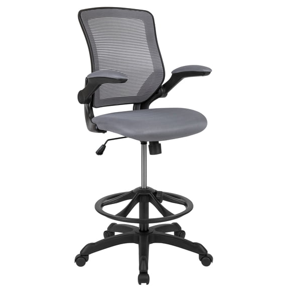 Emma + Oliver Mid-Back Dark Gray Mesh Ergonomic Drafting Chair with Foot Ring and Flip-Up Arms