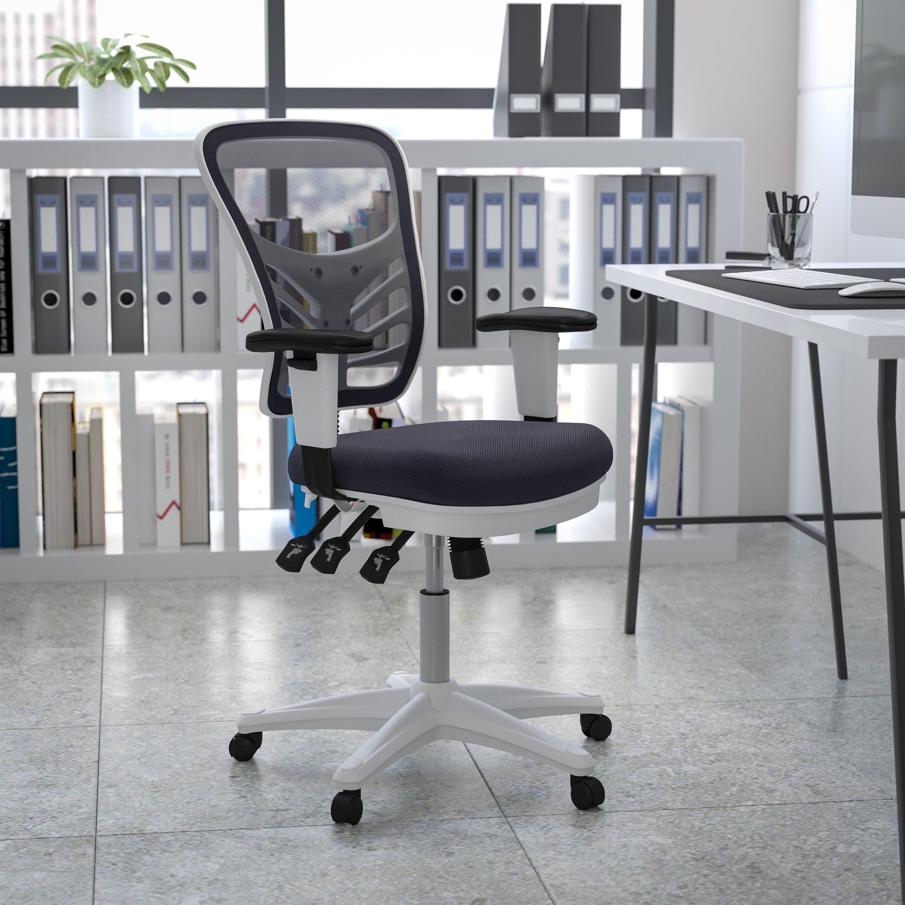 Emma + Oliver Mid-Back Dark Gray Mesh/White FrameMultifunction Ergonomic Office Chair w/ Arms