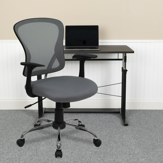 Emma + Oliver Mid-Back Gray Mesh Swivel Task Office Chair with Chrome Base and Arms
