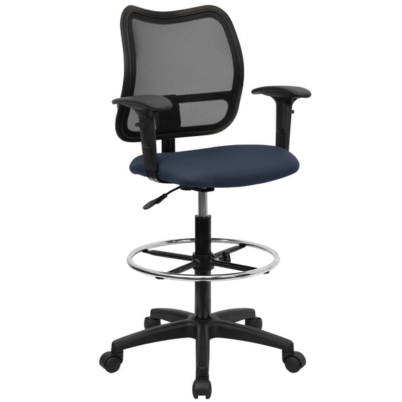 Emma + Oliver Mid-Back Navy Blue Mesh Drafting Chair with Adjustable Arms