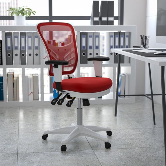 Emma + Oliver Mid-Back Red Mesh/White Frame Multifunction Ergonomic Office Chair with Arms