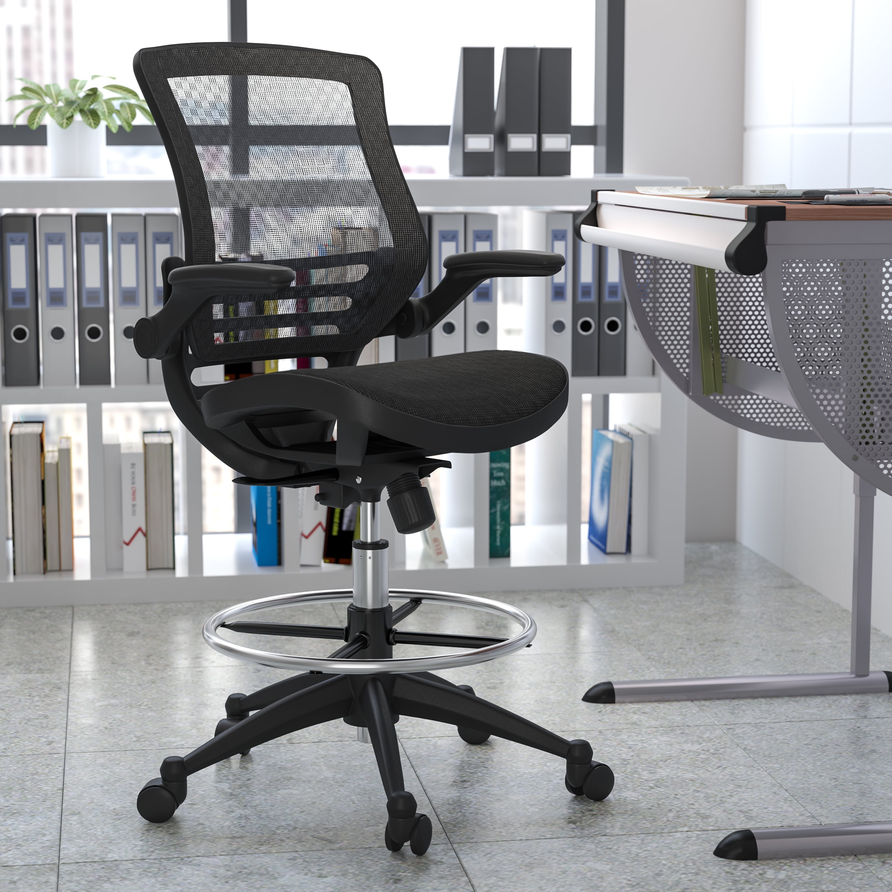 Elevate Black Mesh Drafting Chair with Adjustable Arms and Swivel
