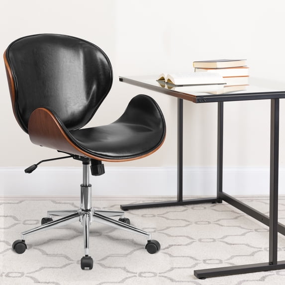 Emma + Oliver Mid-Back Walnut Wood Conference Office Chair in Black LeatherSoft
