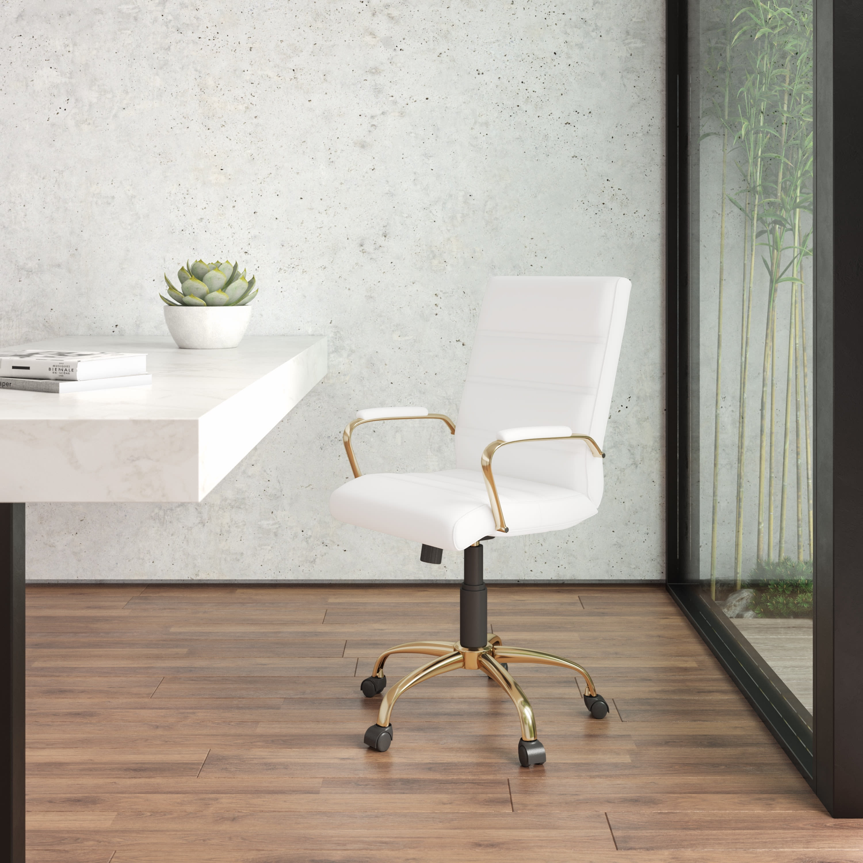 Luxurious Mid-Back White LeatherSoft Swivel Executive Chair with Gold Metal Frame
