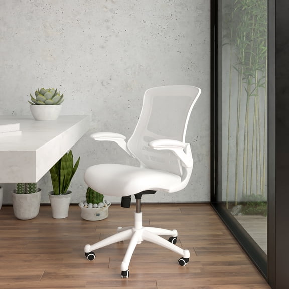 Emma + Oliver Mid-Back White Mesh Ergonomic Task Office Chair, White Frame - Flip-Up Arms