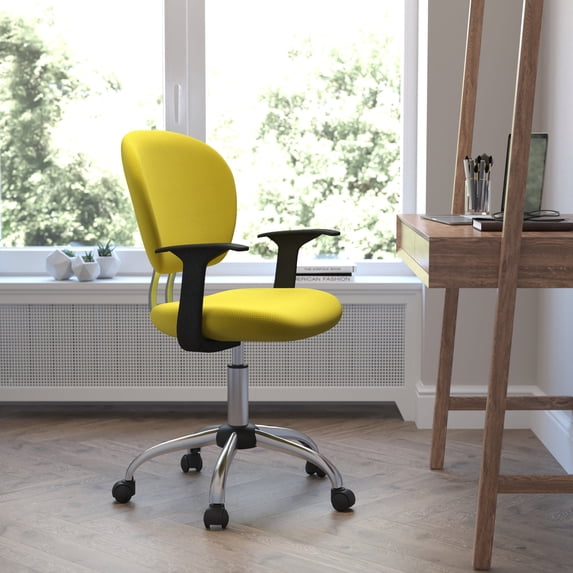 Emma + Oliver Mid-Back Yellow Mesh Padded Swivel Task Office Chair and Arms