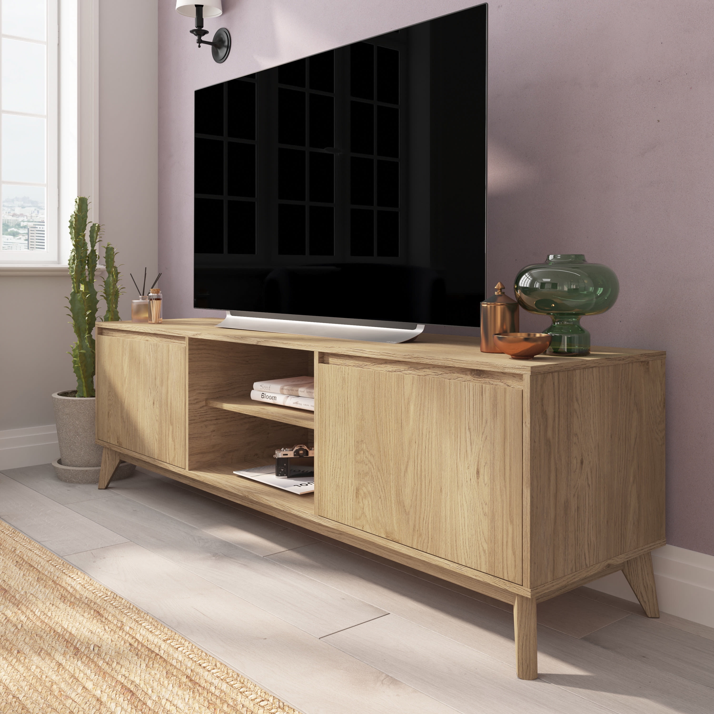 Light Natural Oak 71" Mid-Century Modern TV Stand with Cabinet
