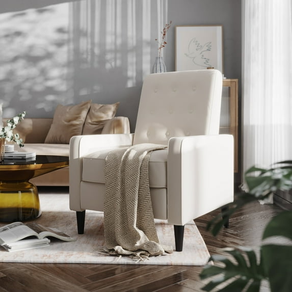 Emma + Oliver Mid-Century Modern Fabric Upholstered Button Tufted Pushback Recliner in Cream