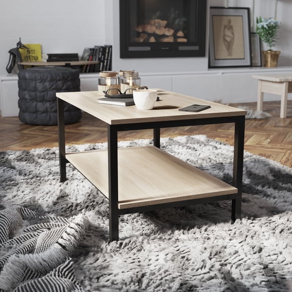 Emma + Oliver Minimalist Industrial Driftwood Finished Engineered Wood Coffee Table with Black Steel Tube Frame and Lower Storage Shelf